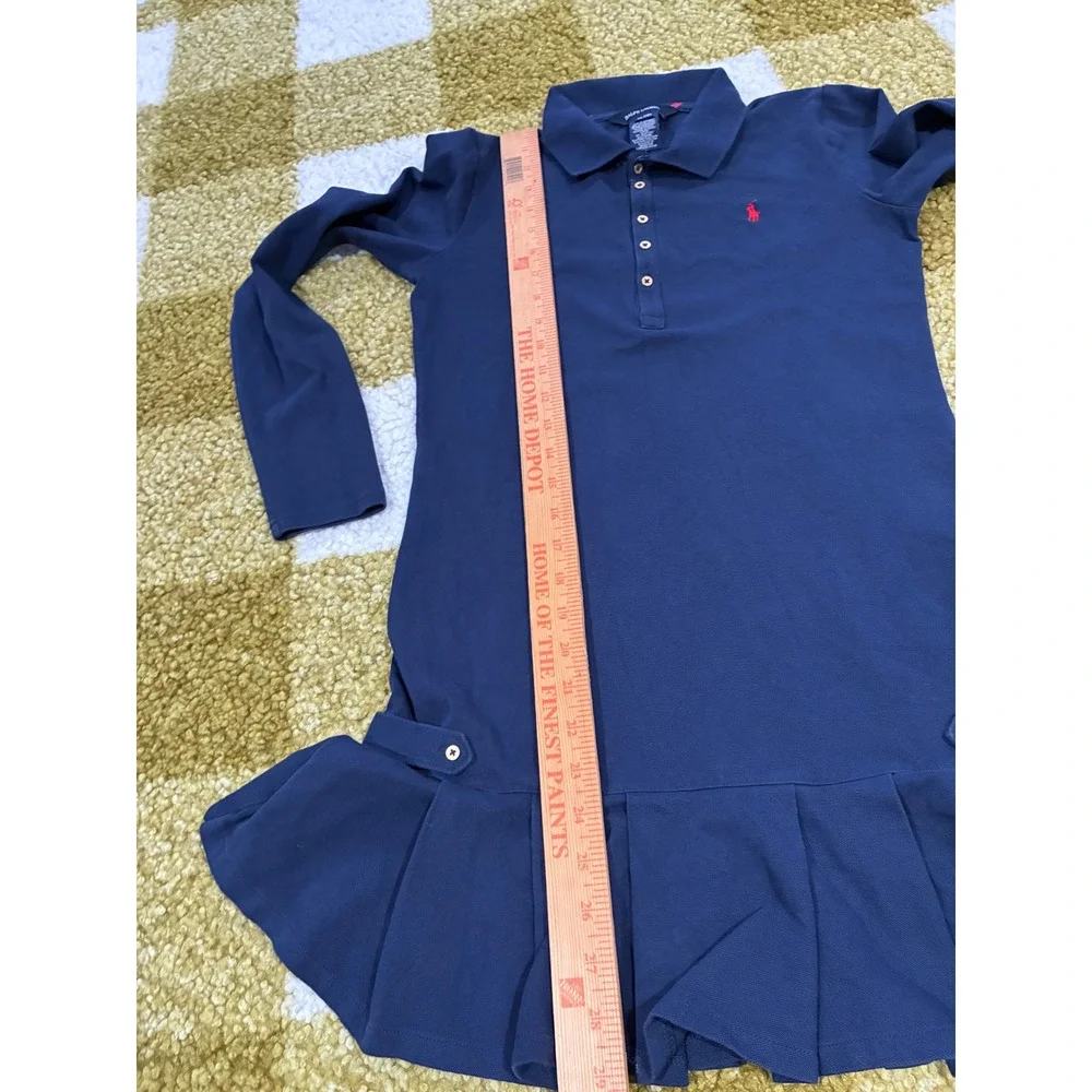 Ralph Lauren Girls Navy Blue Long Sleeve Pleated Polo Dress XL 16 Red Pony Logo